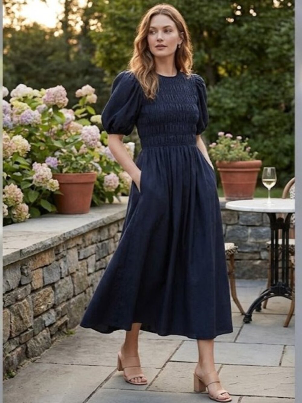 Rebecca Taylor Navy Silk Cotton Puff Sleeve Midi Dress XS Smocked Ruched Pockets